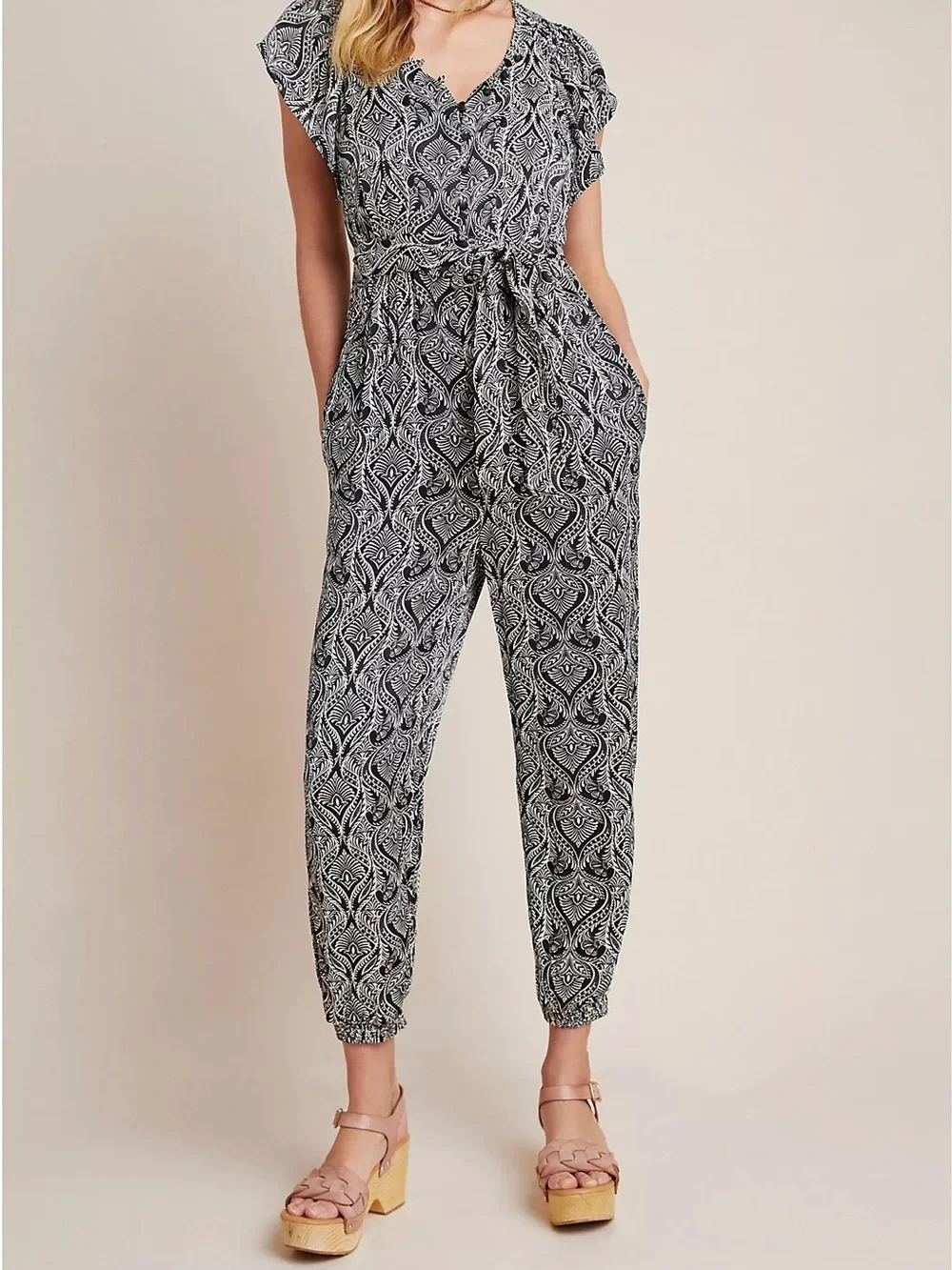 Anthropologie Black & White Paisley Print V-Neck Jumpsuit - Picture 1 of 10